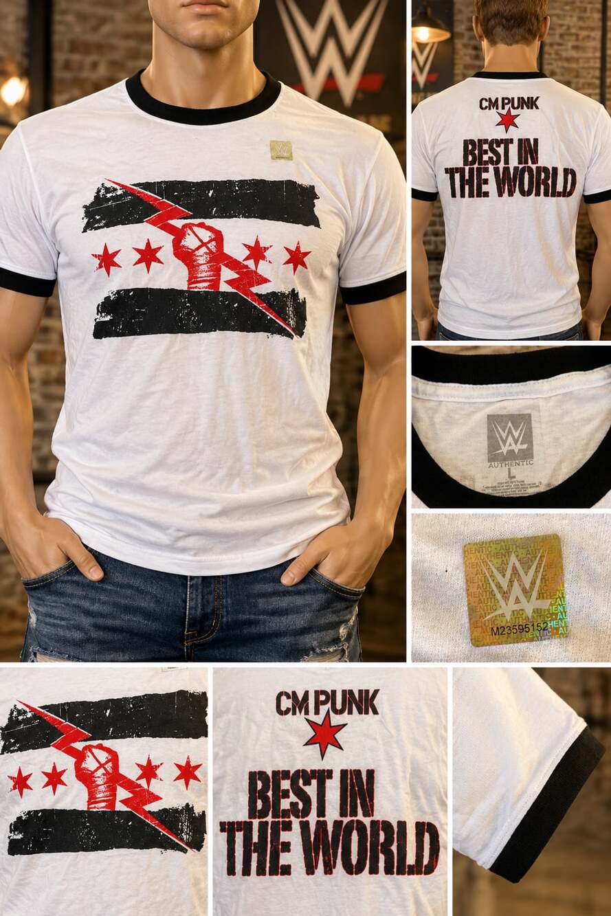 Rare White 2011 - CM Punk T-shirt Knees 2 Faces Large WWE Authentic 100% Cotton